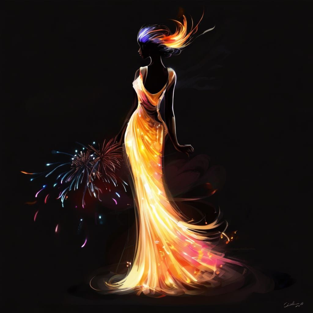 Digital Dreamscapes: Whimsical Flame-Adorned Gown