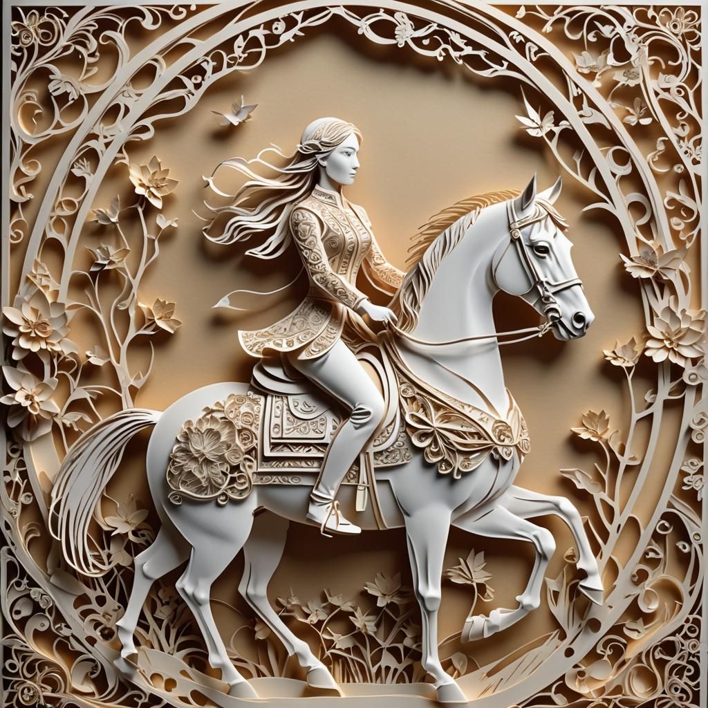 Beautiful Woman Riding a Horse in Kirigami Style