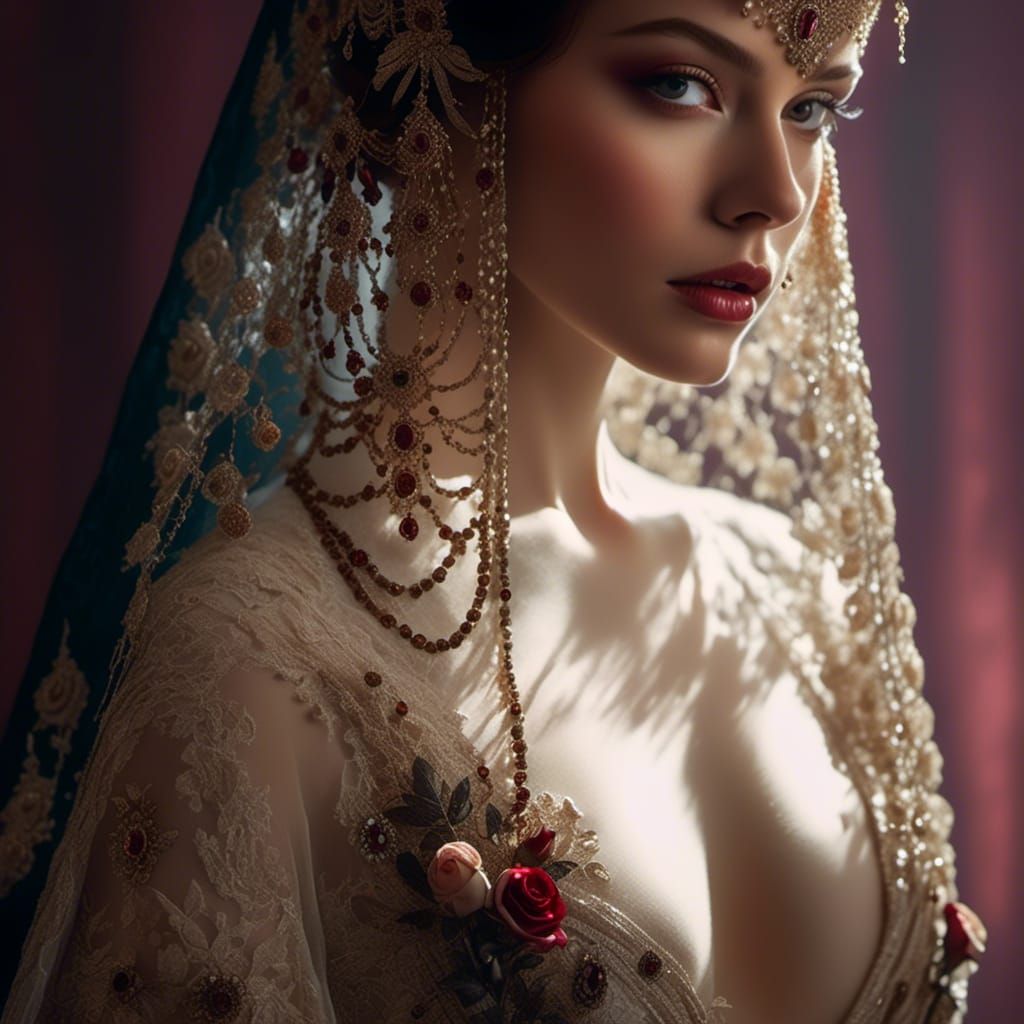 Woman in Lace Gown with Jeweled Mask