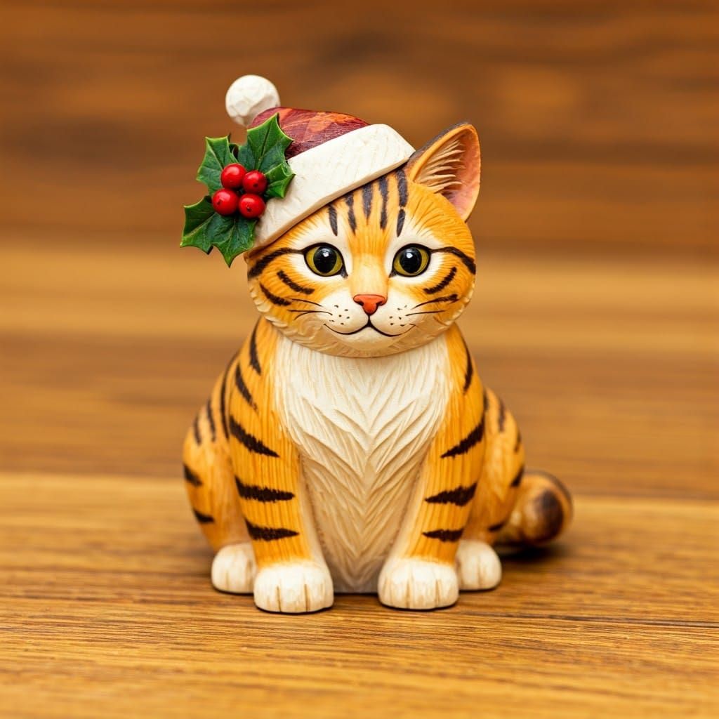 Whimsical Woodblock Tiger Kitten in Santa Hat