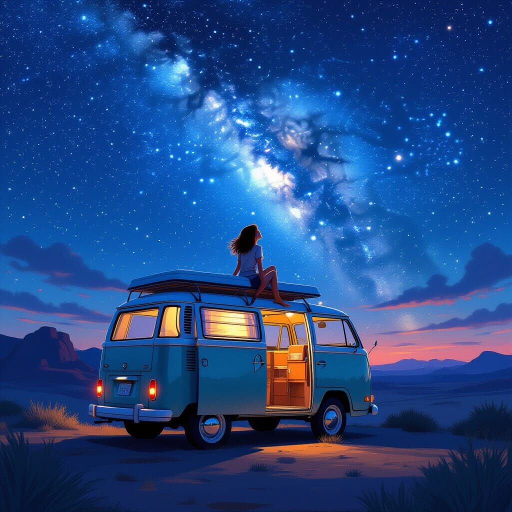 Woman Gazing at Stars from Vintage Camper Van
