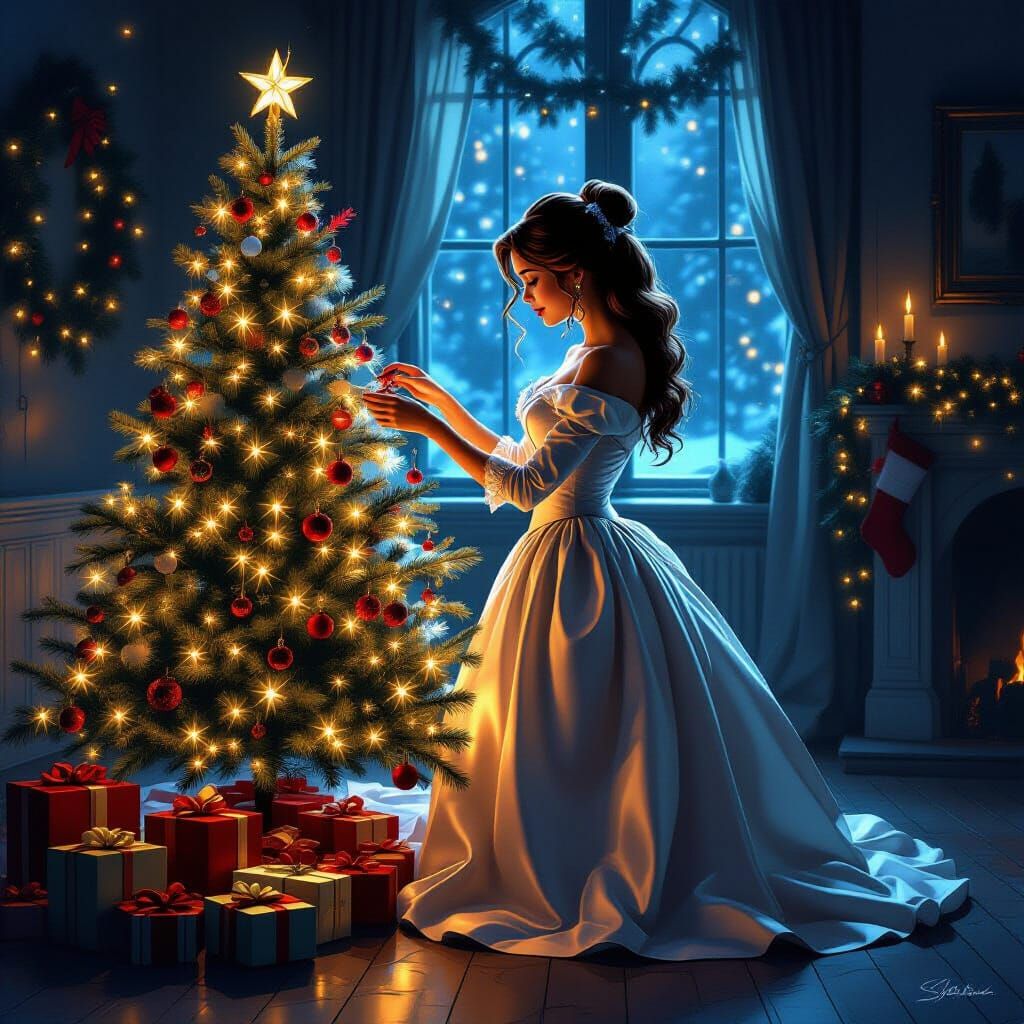 Belle Decorates Christmas Tree in Fantasy Style