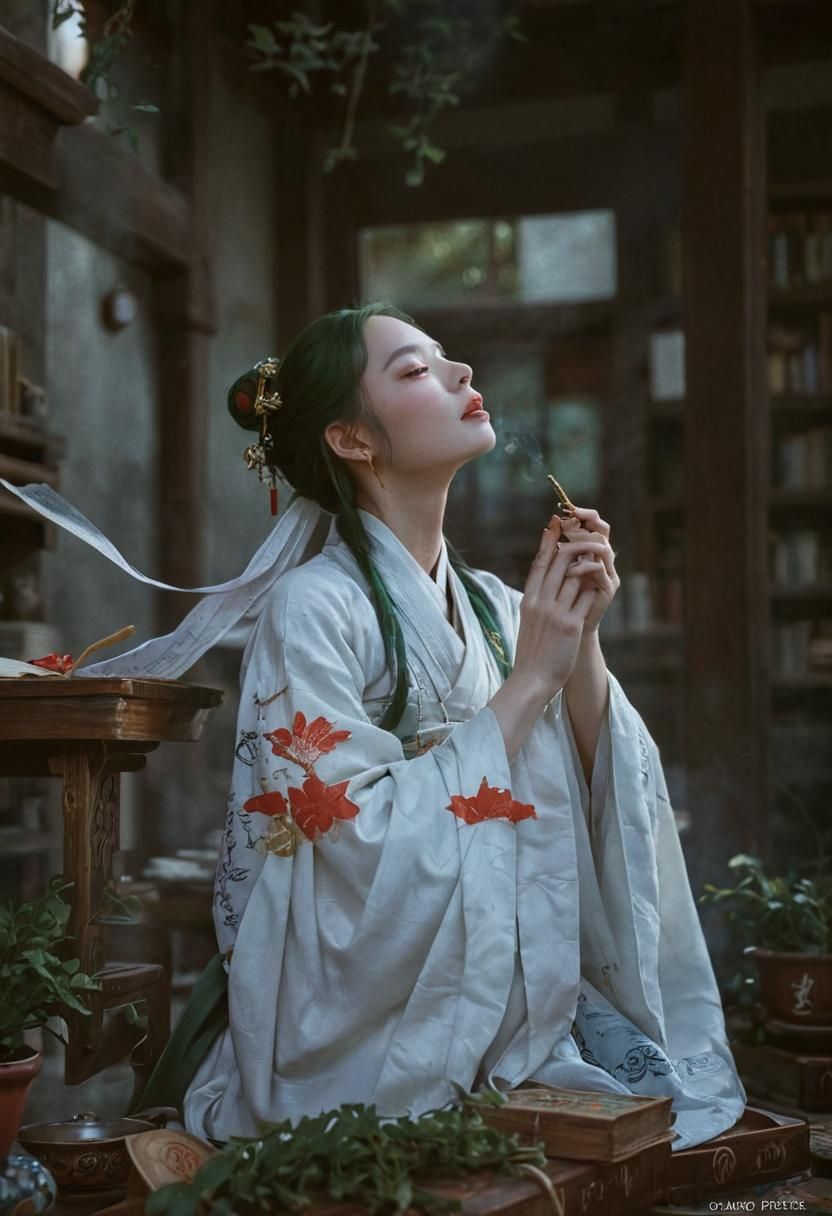 Snake Demon Medic in Temple: Fantasy Illustration