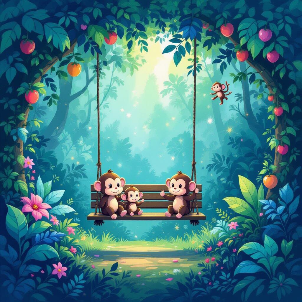 Bioluminescent Jungle Scene with Swing Bench in Watercolor S...