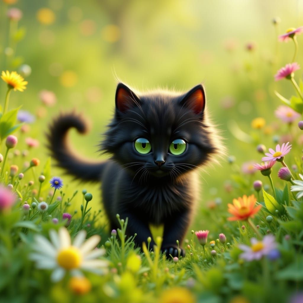 Adorable Black Kitten Meets Woman in Enchanted Meadow
