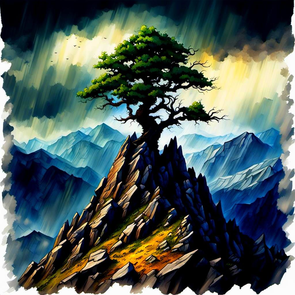 Steampunk Watercolor Tree in Mountain Storm