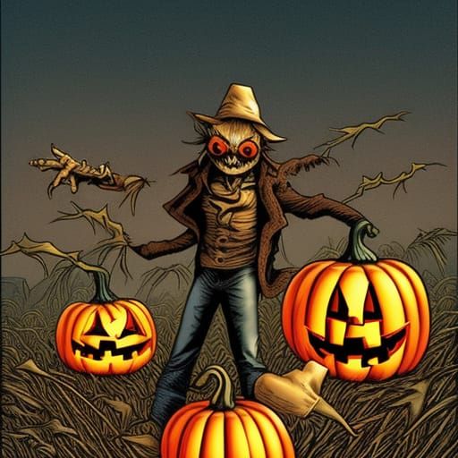 Scarecrow with Pumpkin Head: Comic Book Art