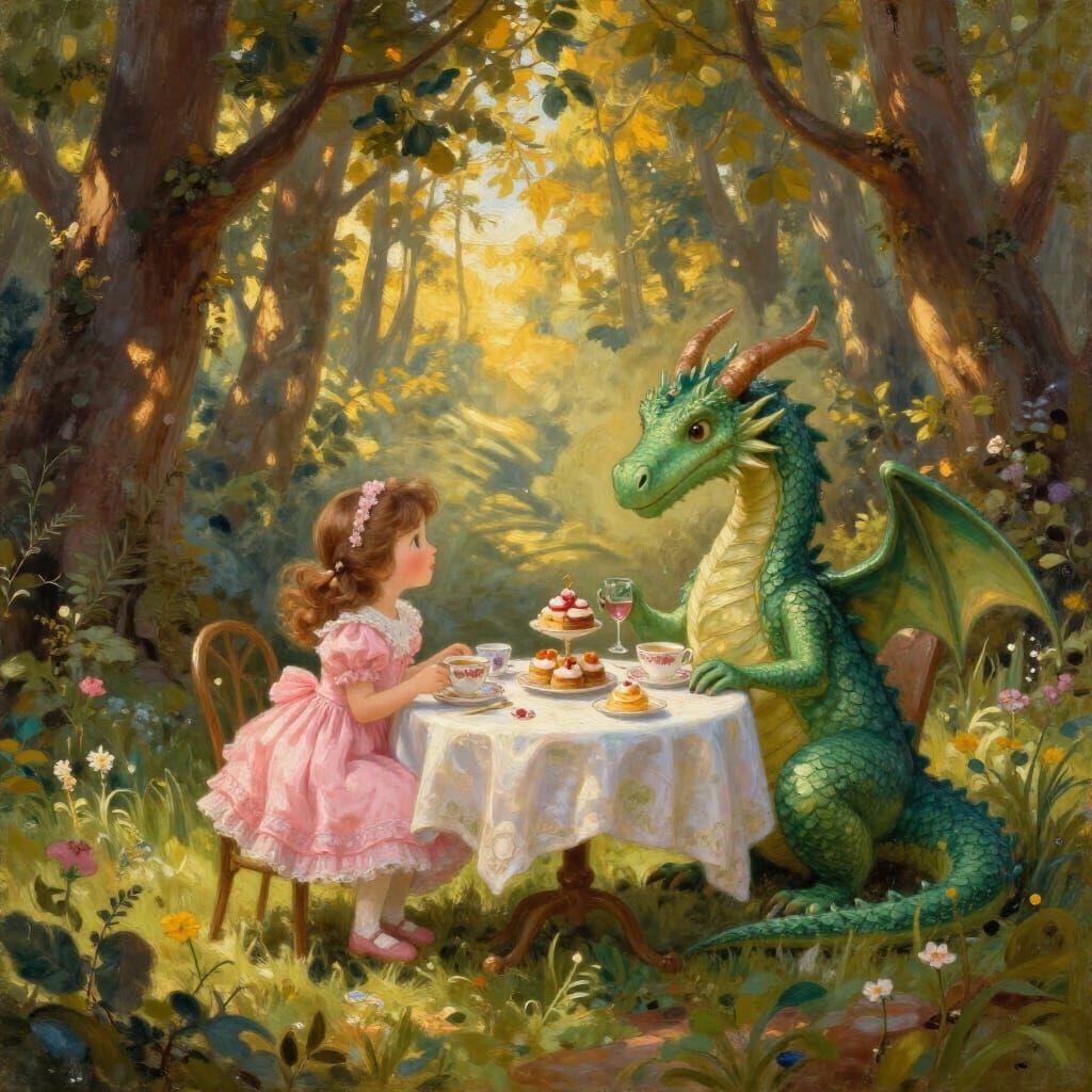 Whimsical Oil Painting of Girl and Dragon Tea Party