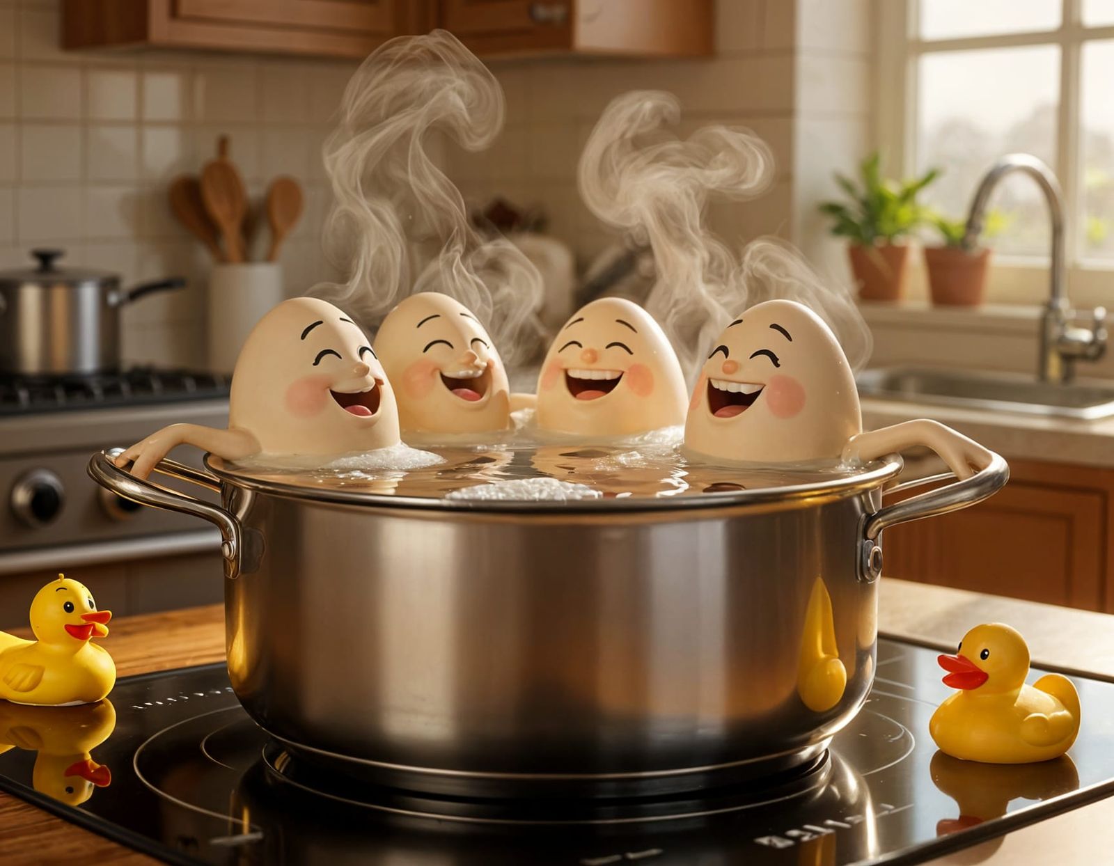 Humorous Eggs Enjoying a Boiling Pot Jacuzzi