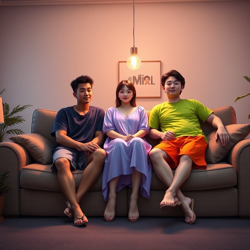 Three Siblings Unwind on Plush Couches in Cozy Living Room