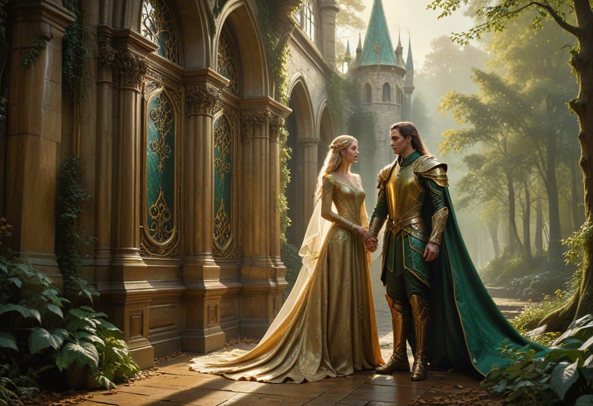 Elven Warrior and Bride Before Great Hall