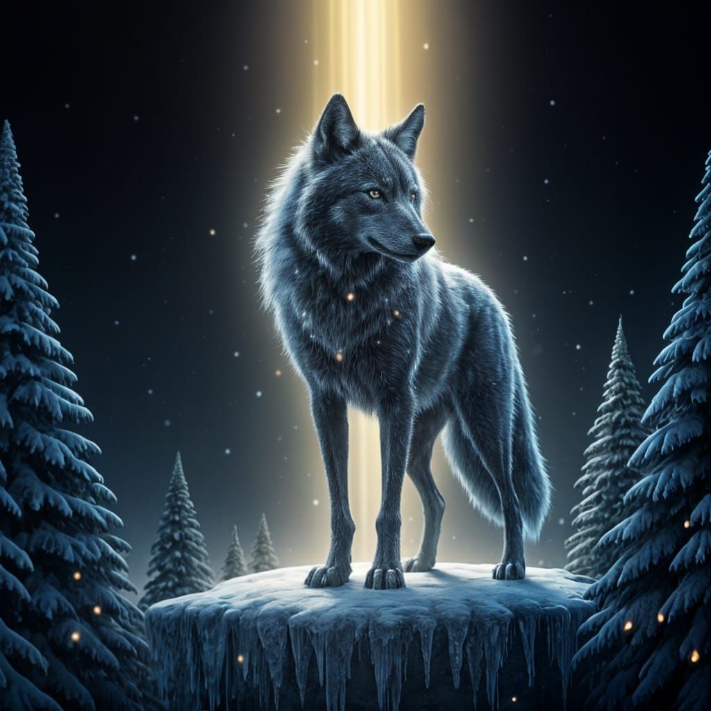 Silver Light Wolf on Ice Bank, Holographic Illustration