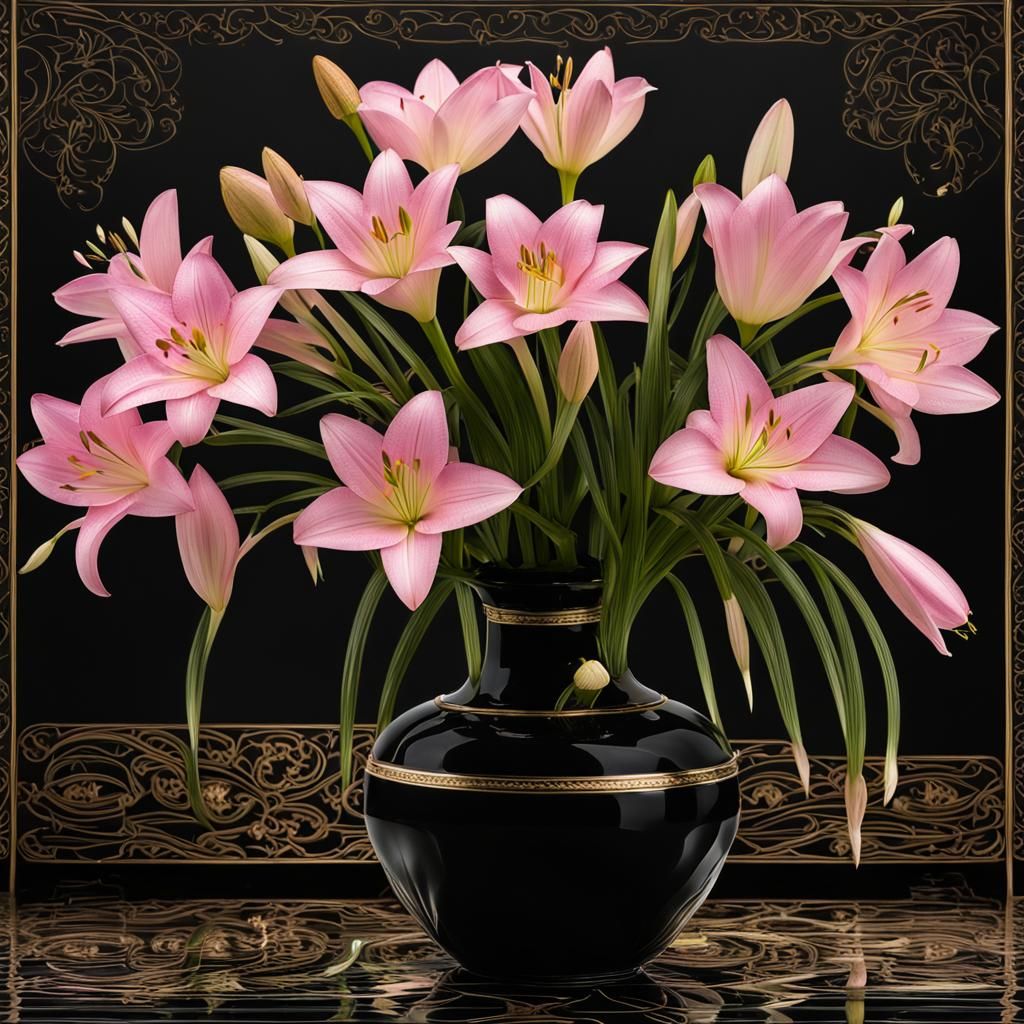 Pink Rain Lilies in Black and Gold Vase