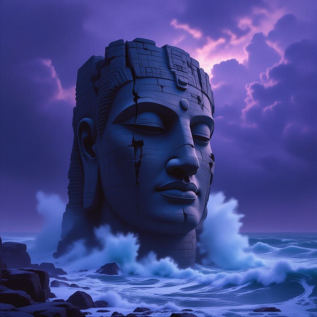 Colossal Stone Statue in Stormy Sea