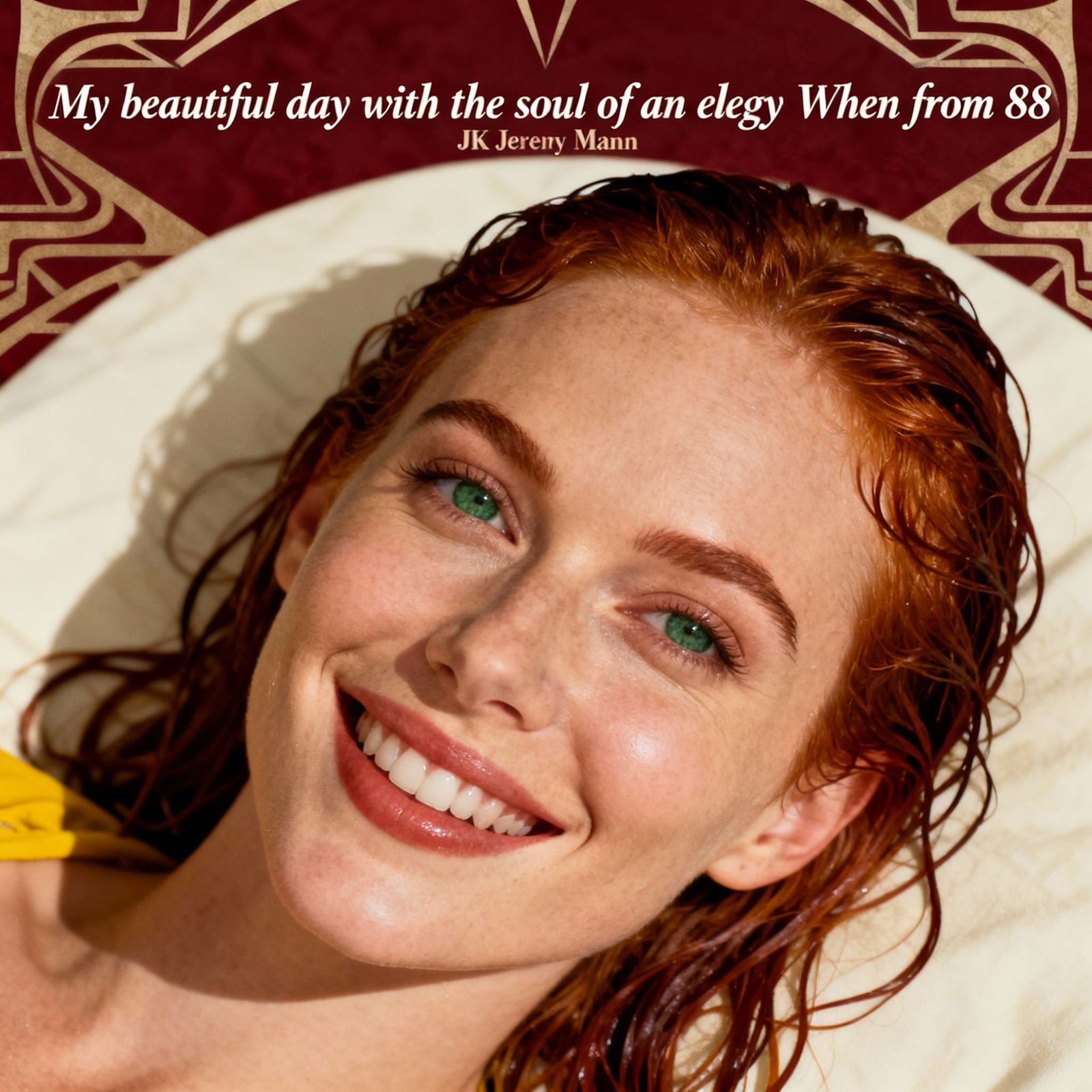 closeup of a 1960's style smiling, art deco, dark red select...