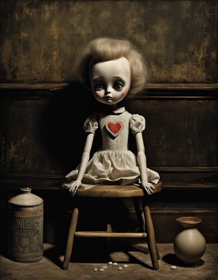 Sad Doll in Dusty Room, Surrealist Painting
