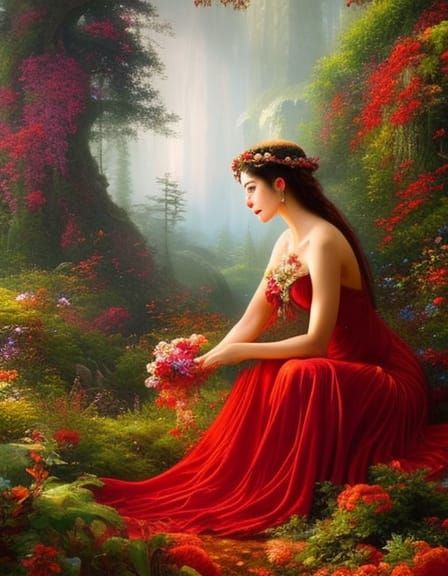 Woodland Goddess in Flowing Red Dress, Fantasy Art