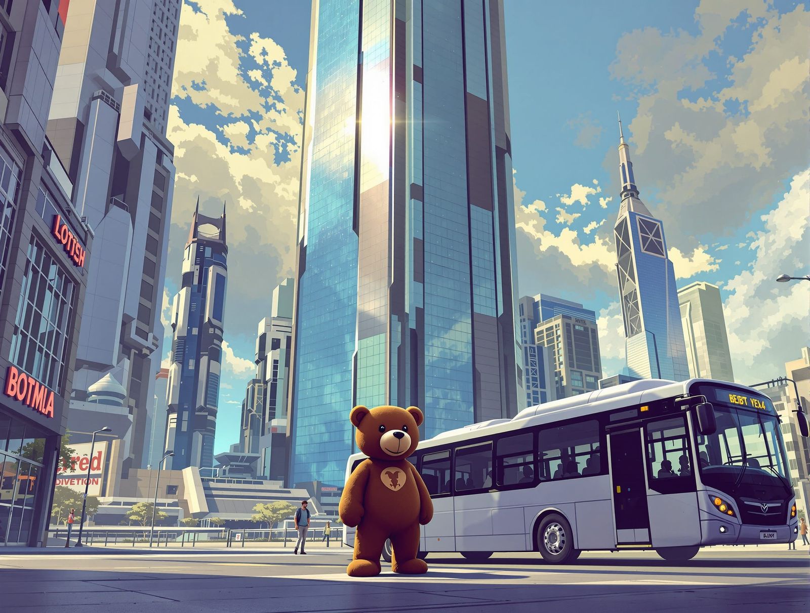 Teddy Bear in Futuristic City, Digital Painting Style