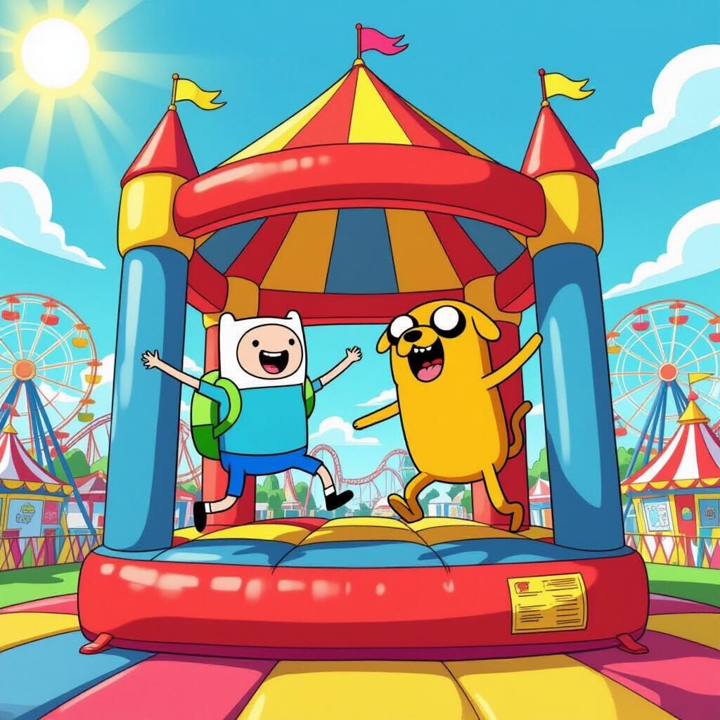 Finn and Jake Joyfully Bounce in Amusement Park