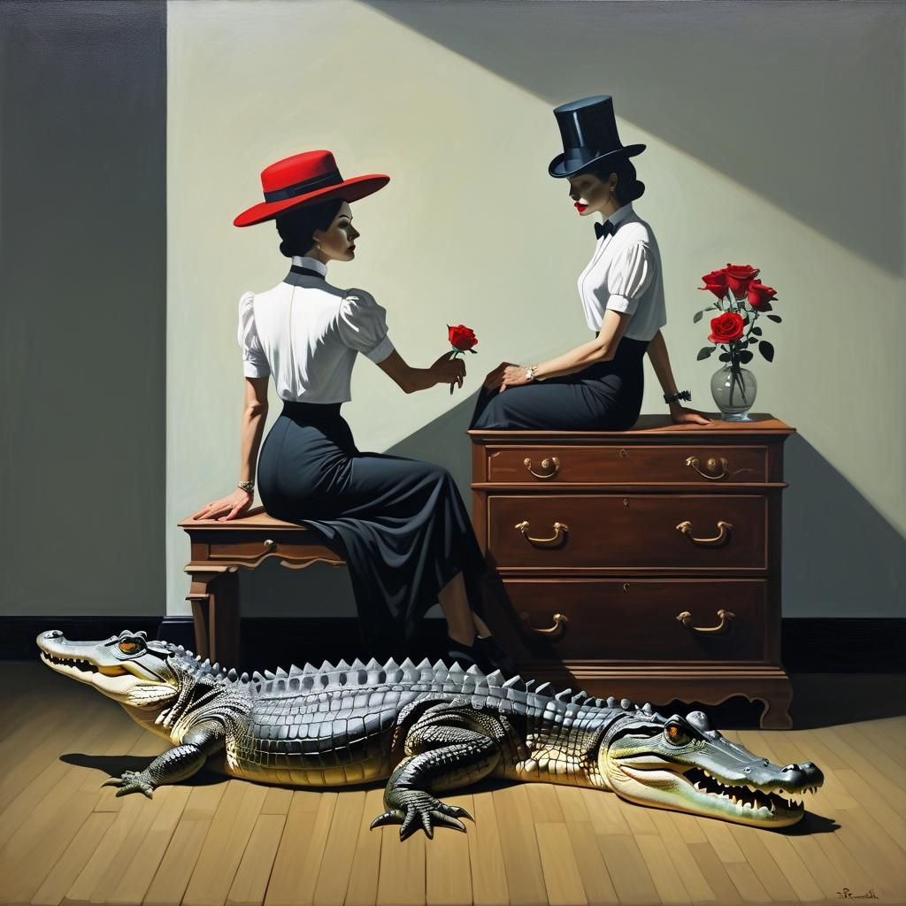 Surreal Woman with Crocodile in Minimalist Style