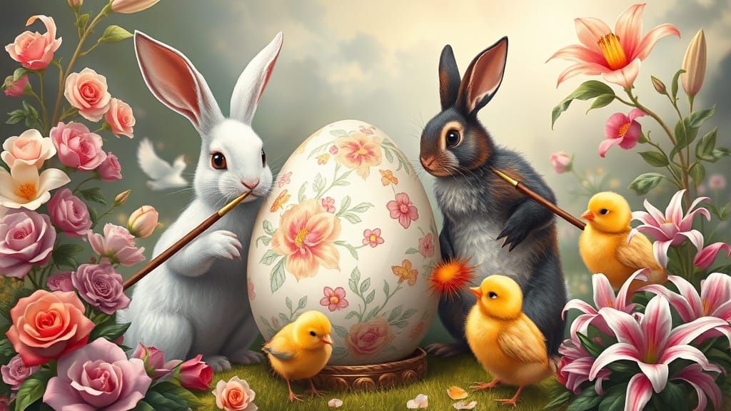 Rabbits and Chicks Painting Easter Eggs in Fairytale Landsca...