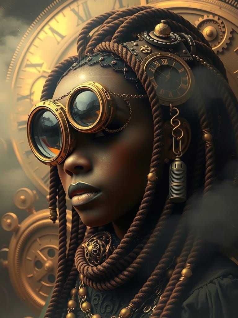 Ethereal Steampunk Timekeeper in Golden Mist