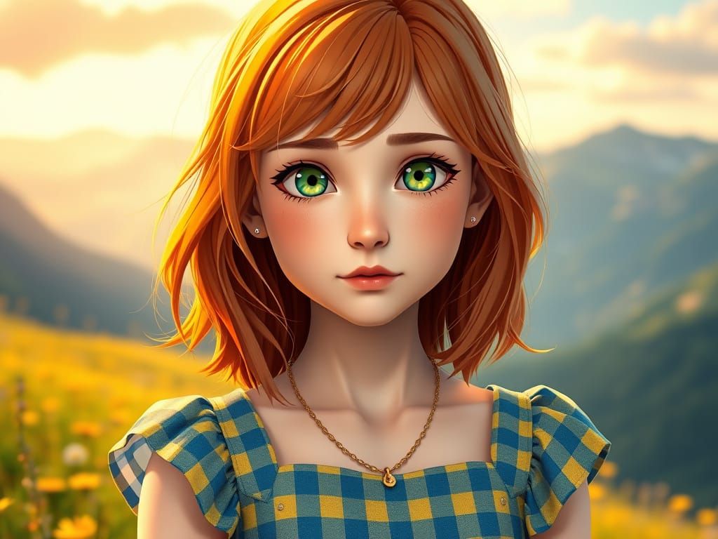 Hyperrealistic Portrait of a Green-Eyed Girl in a Vibrant Mo...