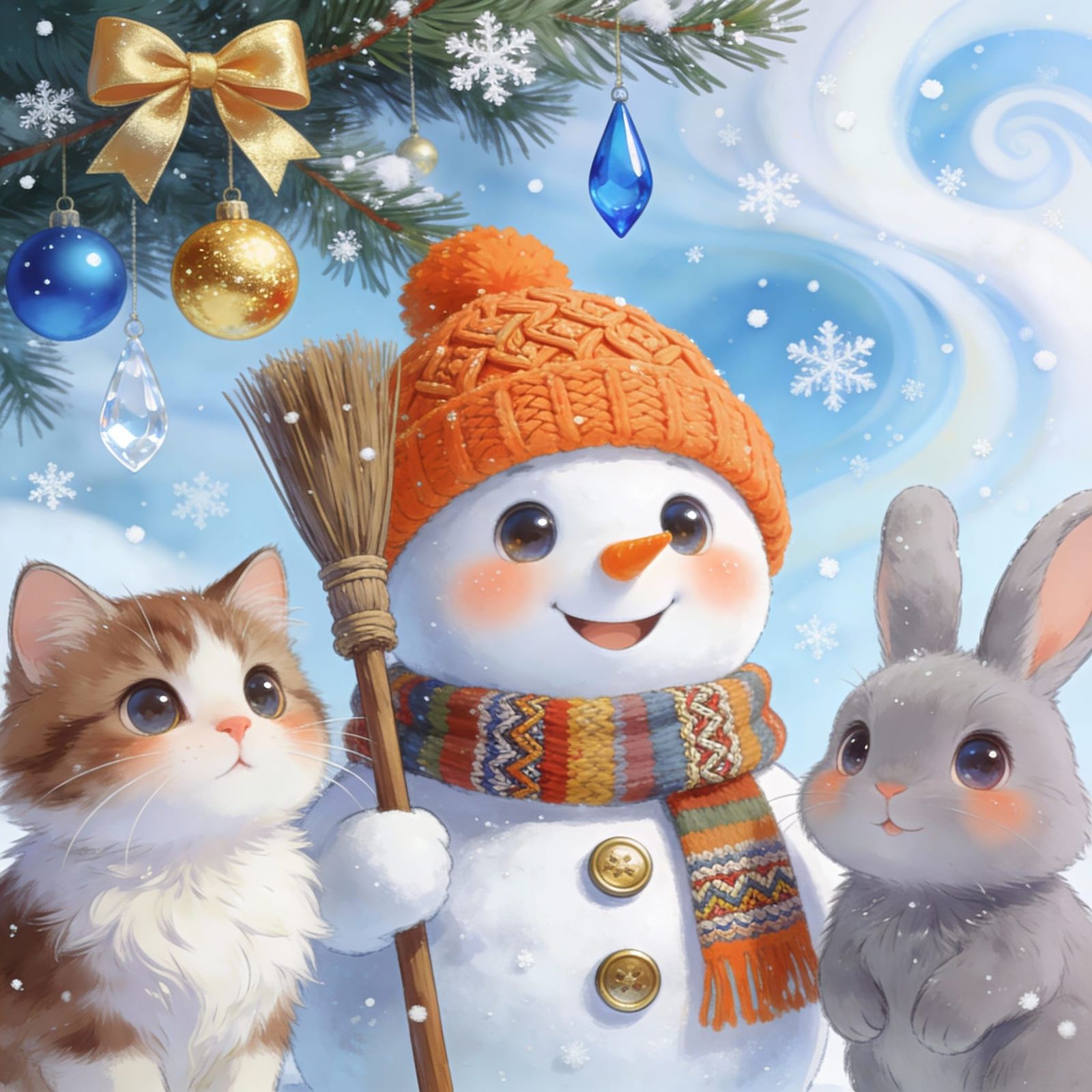 Cheerful Snowman With Animals in Festive Winter Scene