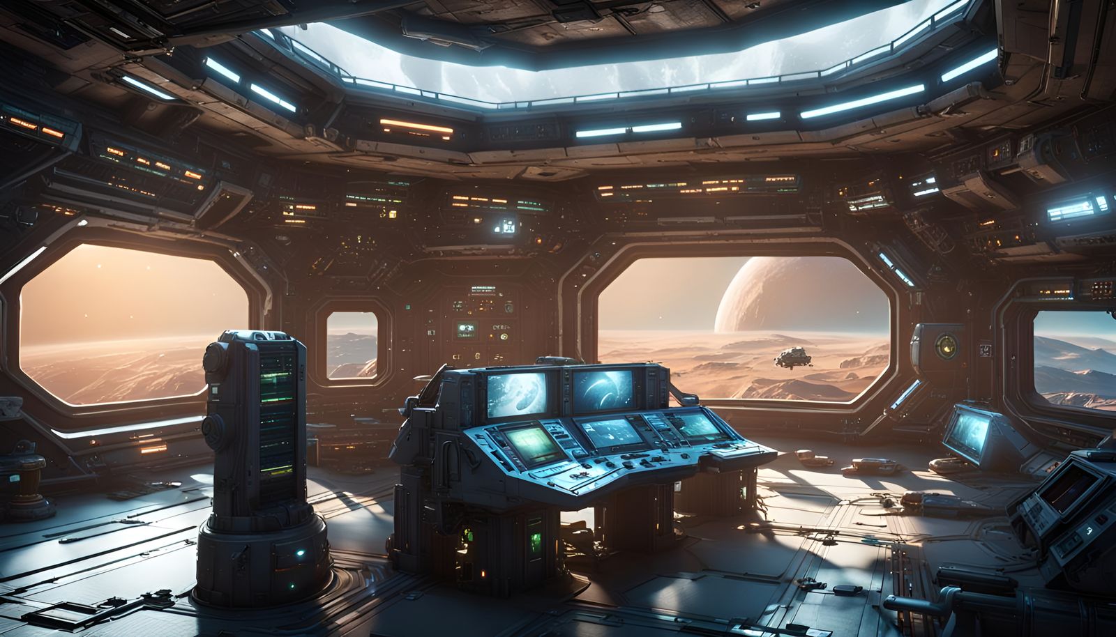 Cozy Space Station Interior Overlooking Alien Planet