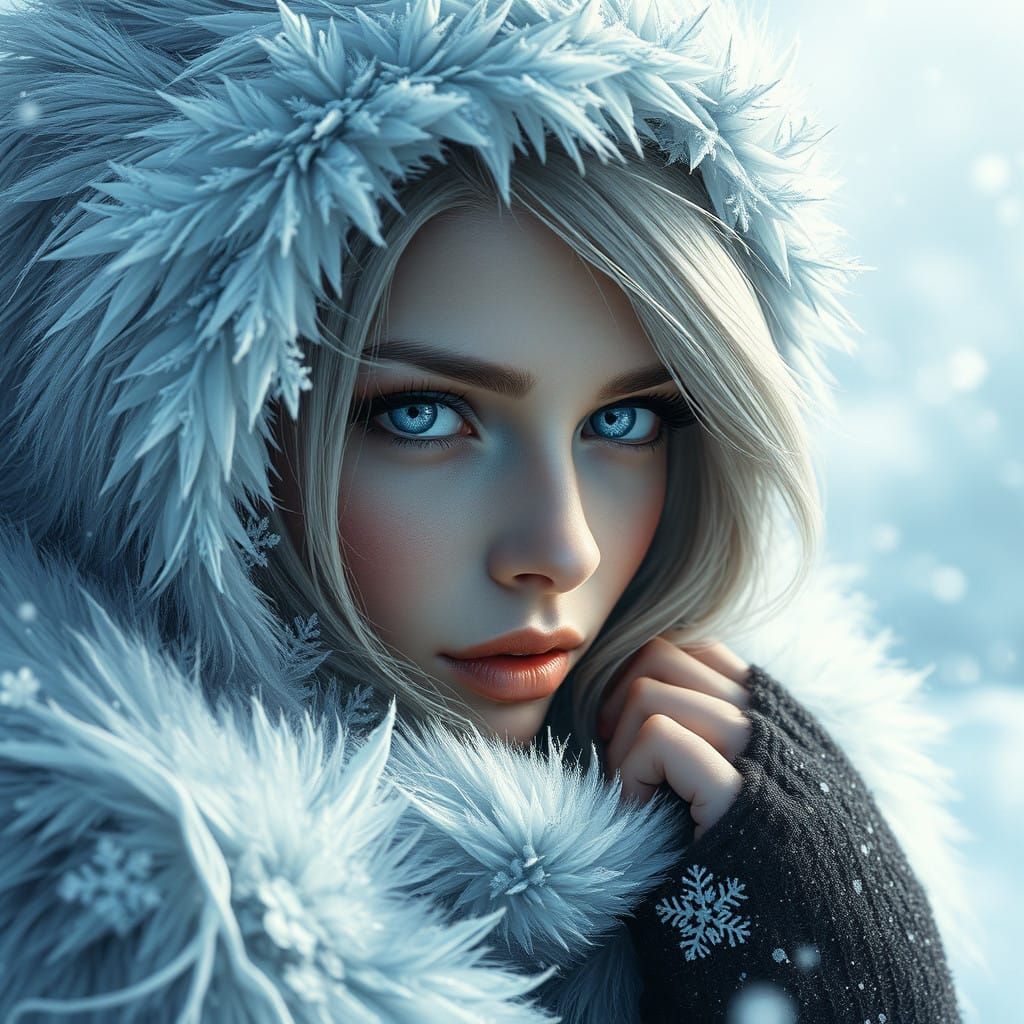 Woman Piercing Through Fierce Blizzard in Frosty Finery