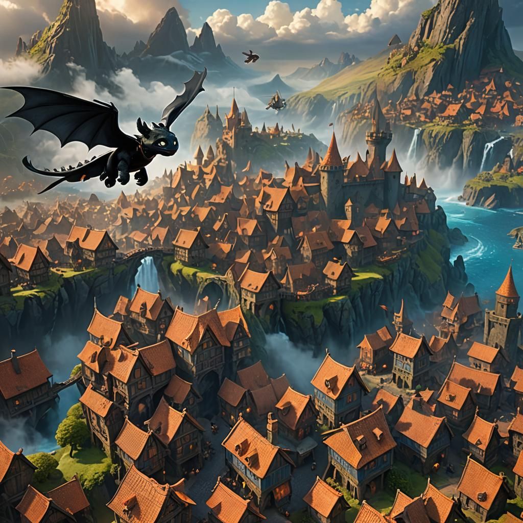 Hiccup and Toothless Soar Over Viking Village