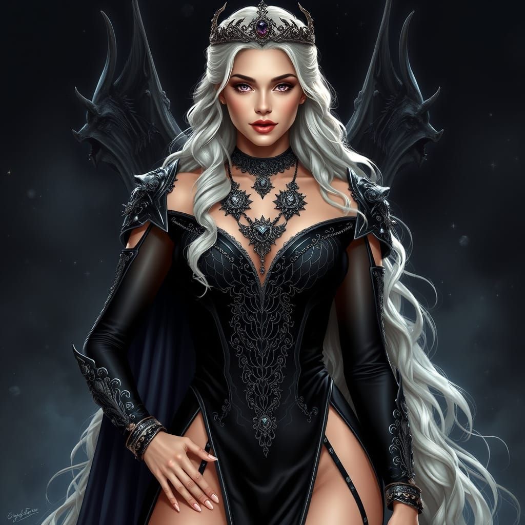 Majestic Targaryen Queen in Elegant Black Gown with Silver A...