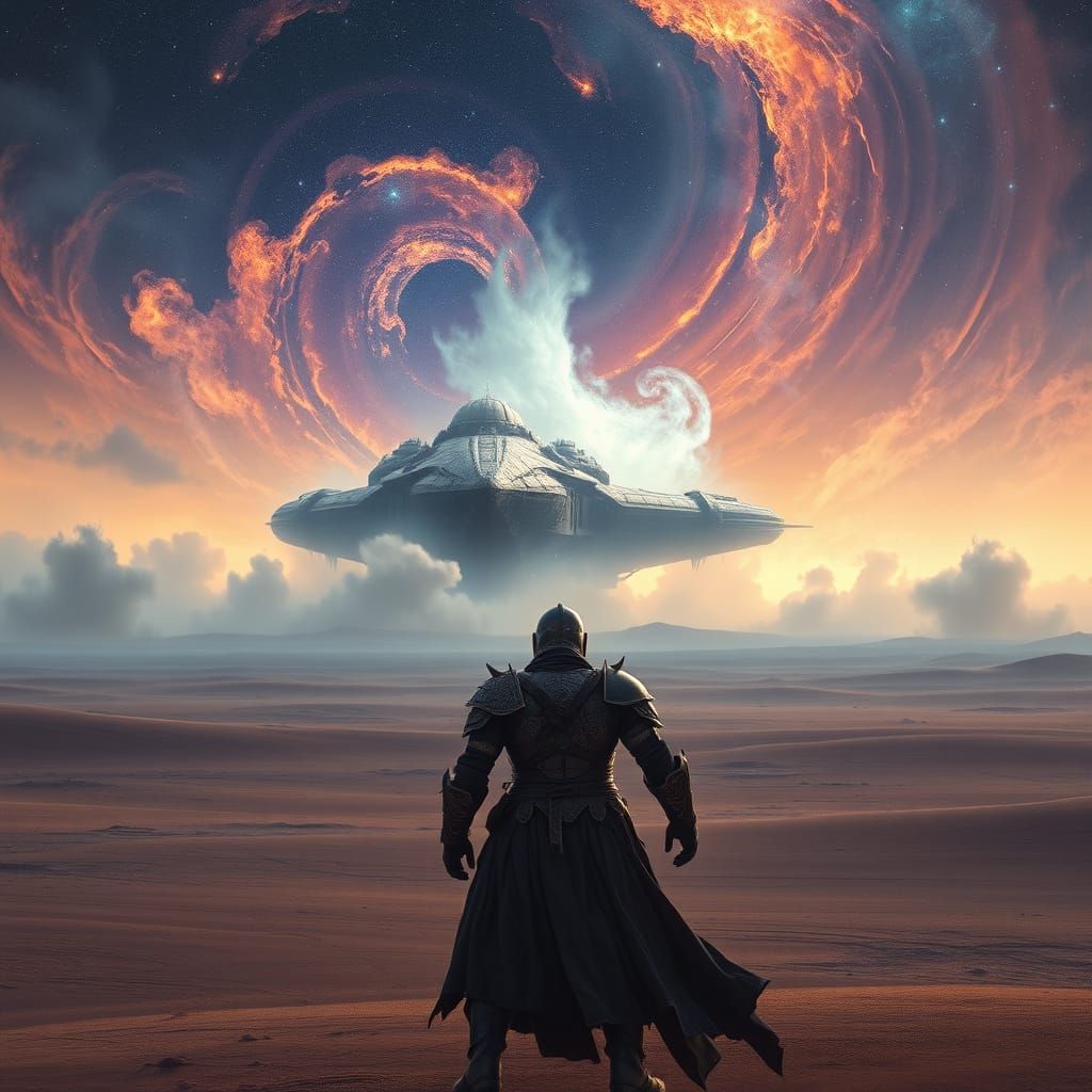 Lone Warrior Faces Spectral Ship Under Cosmic Sky