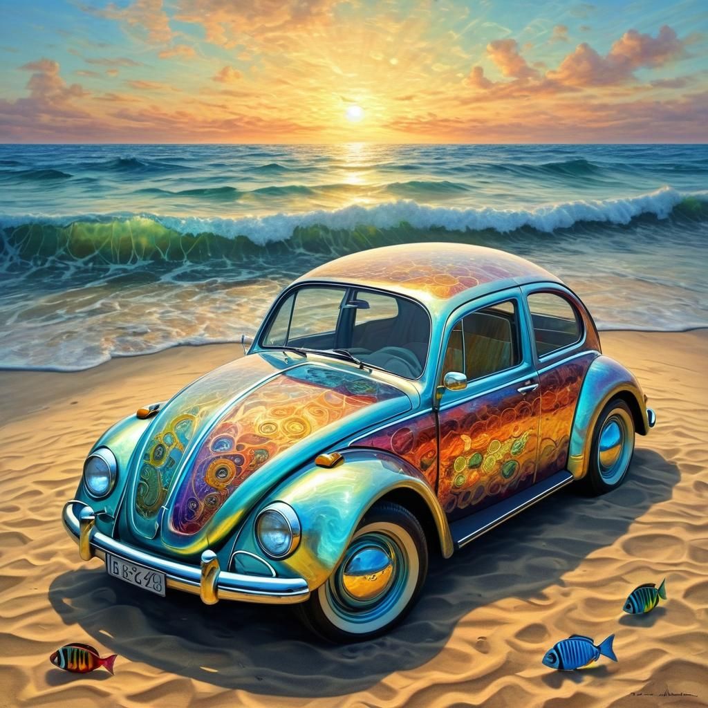 Fractal VW Beetle on Beach, Art Nouveau Oil Painting