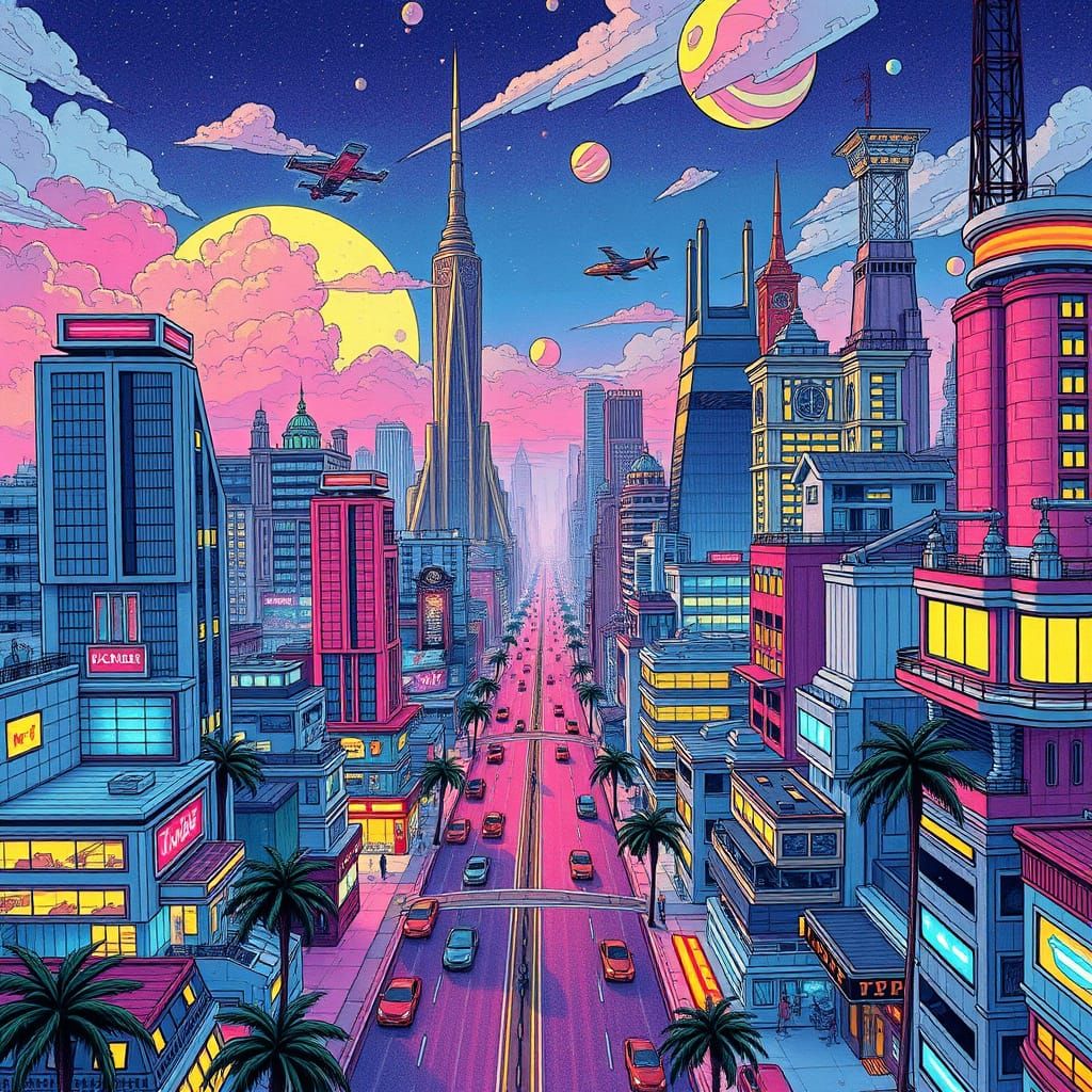 Futuristic American Cityscape with Flying Cars