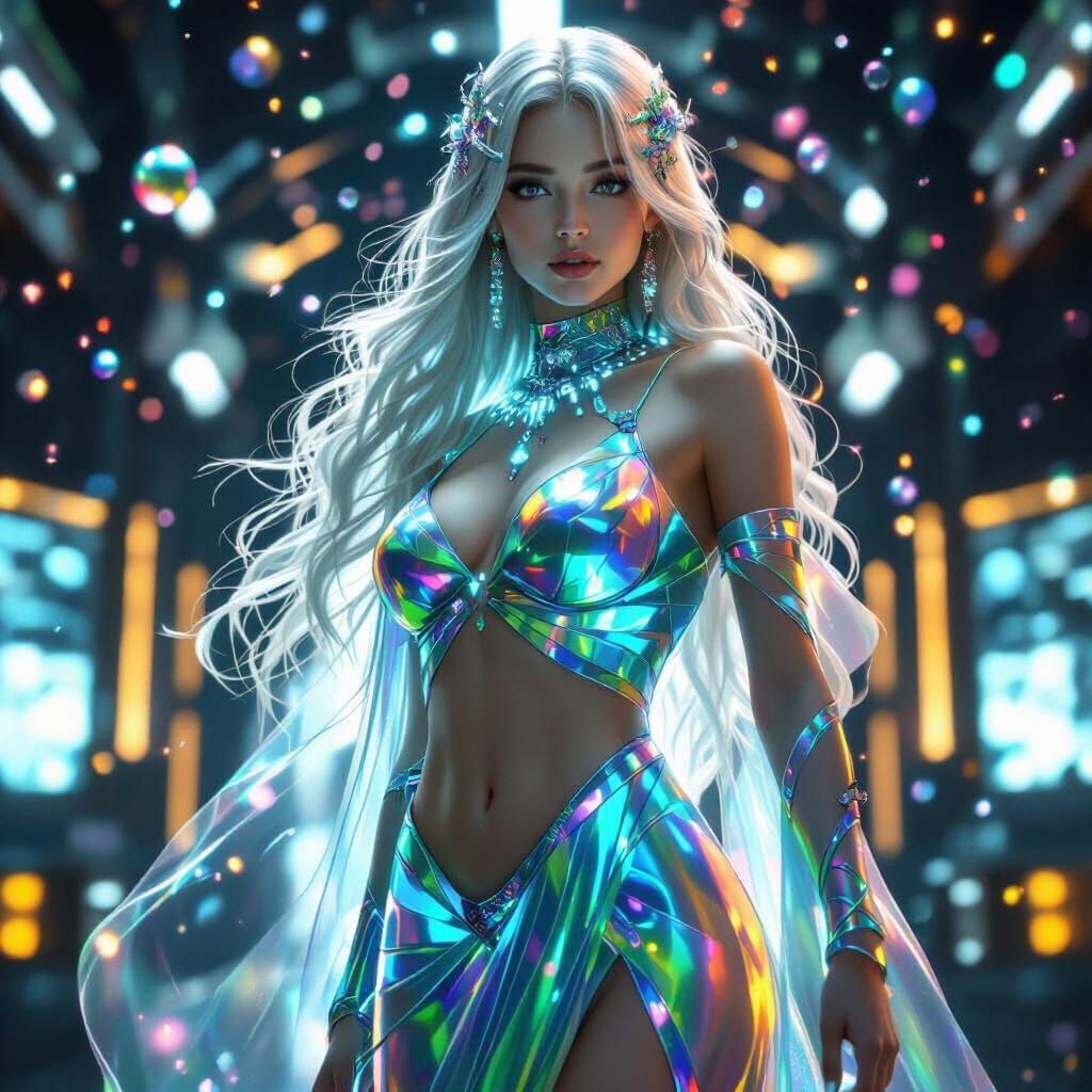 Celestial Woman in Iridescent Gown with Stardust