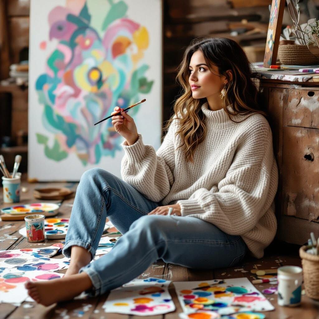 Woman Dreaming of Art Business in Whimsical Style