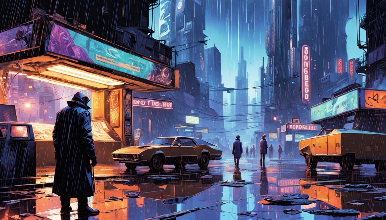 Cyberpunk Cityscape with Android and Neon Reflections