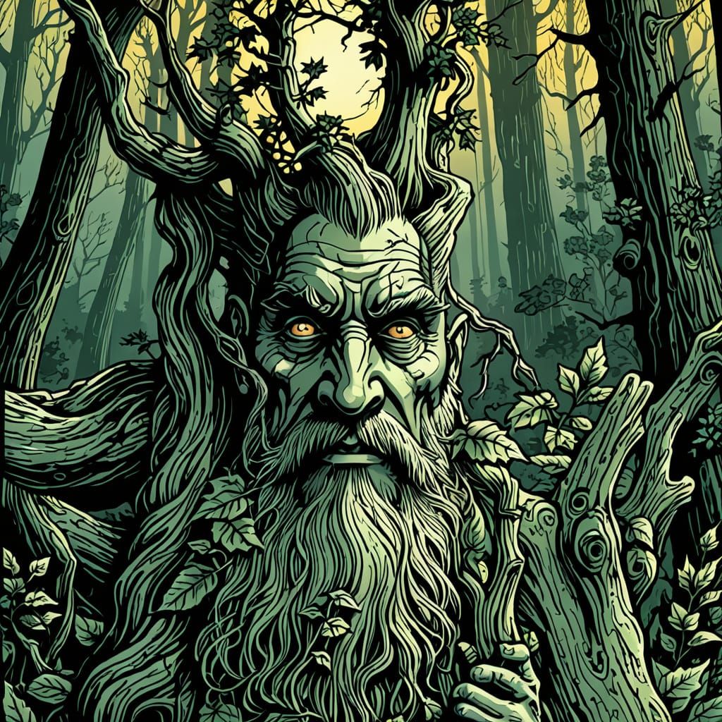 Treebeard in Moonlit Shadows, a Dark Fantasy Etching