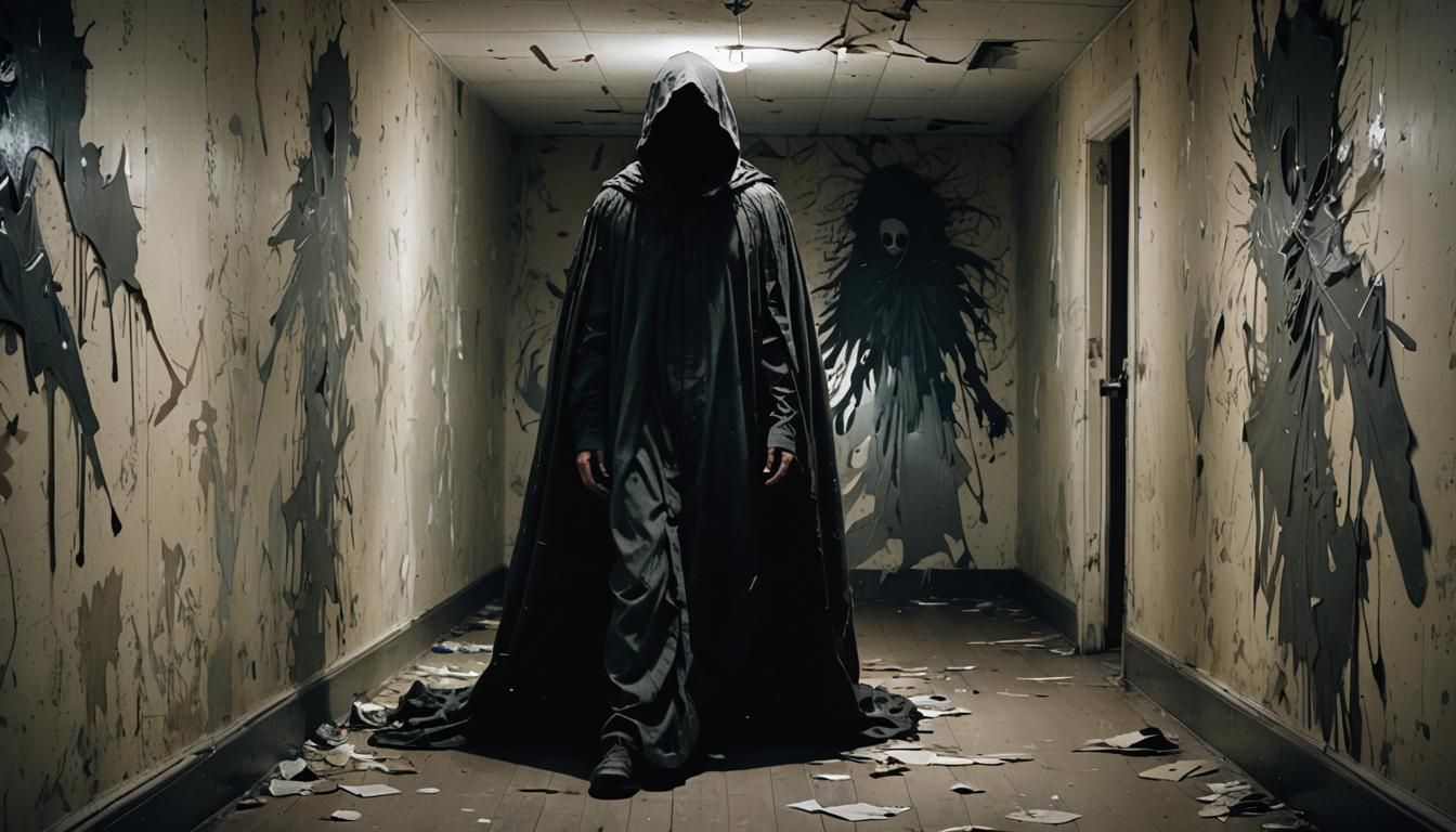 Glitch Art Apparition in Dark Hallway