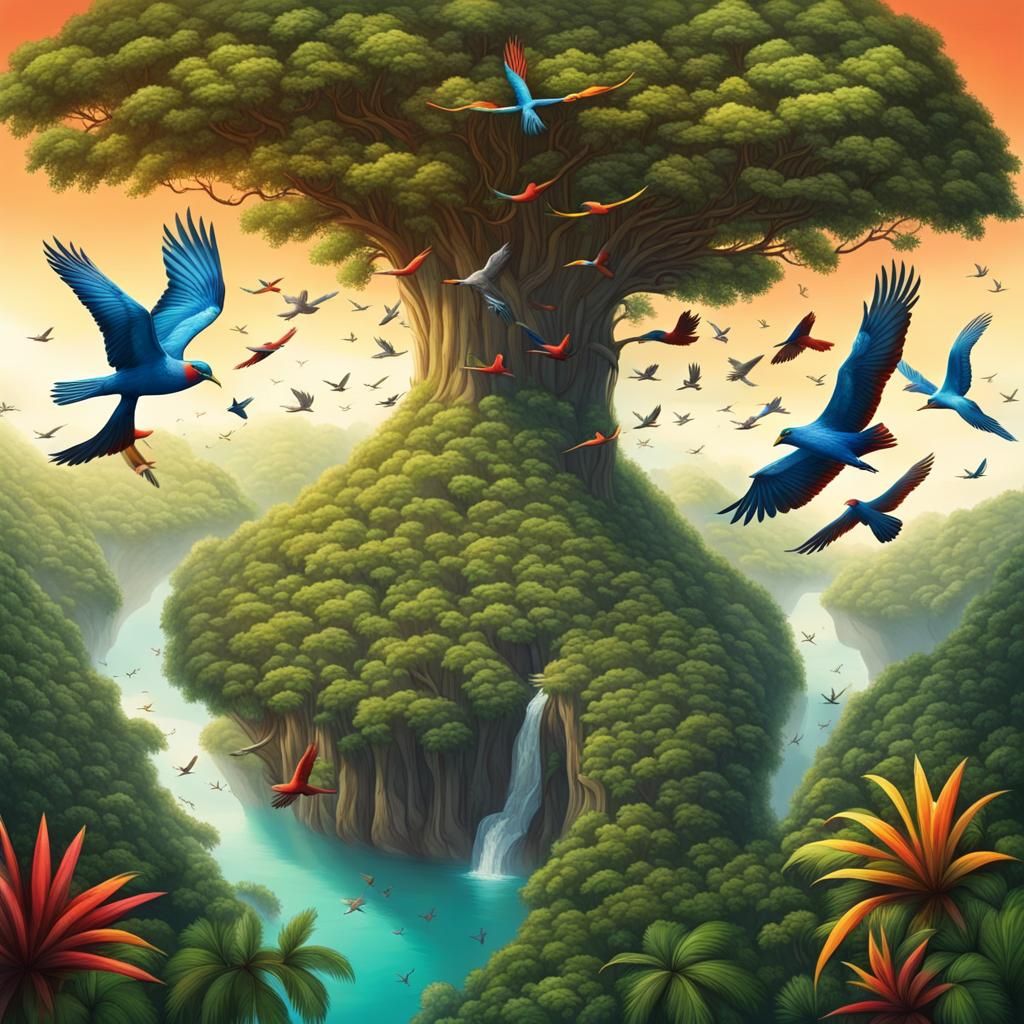 Panoramic Jungle View with Colorful Birds