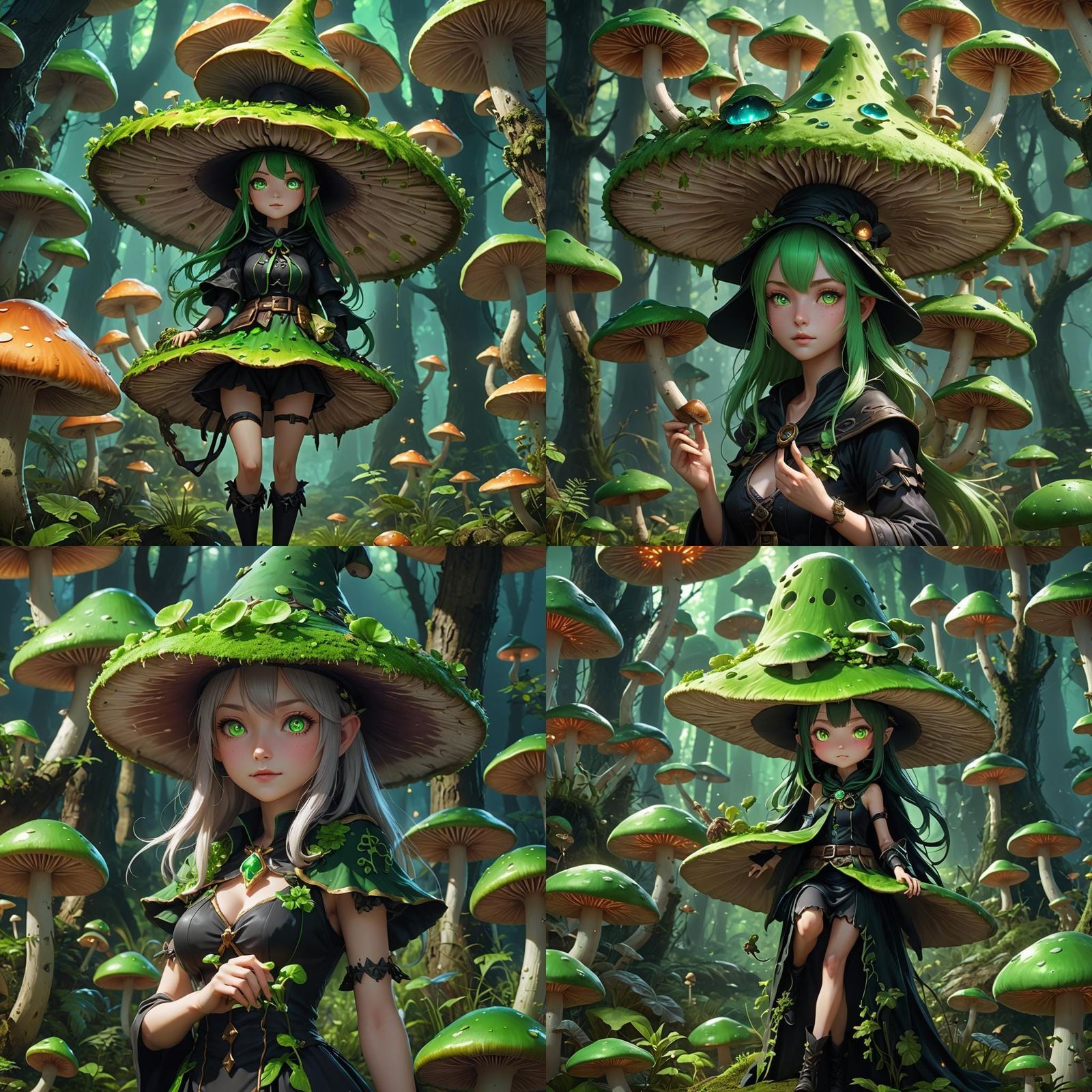 Mushroom Witch with Glowing Eyes in 3D Anime Style