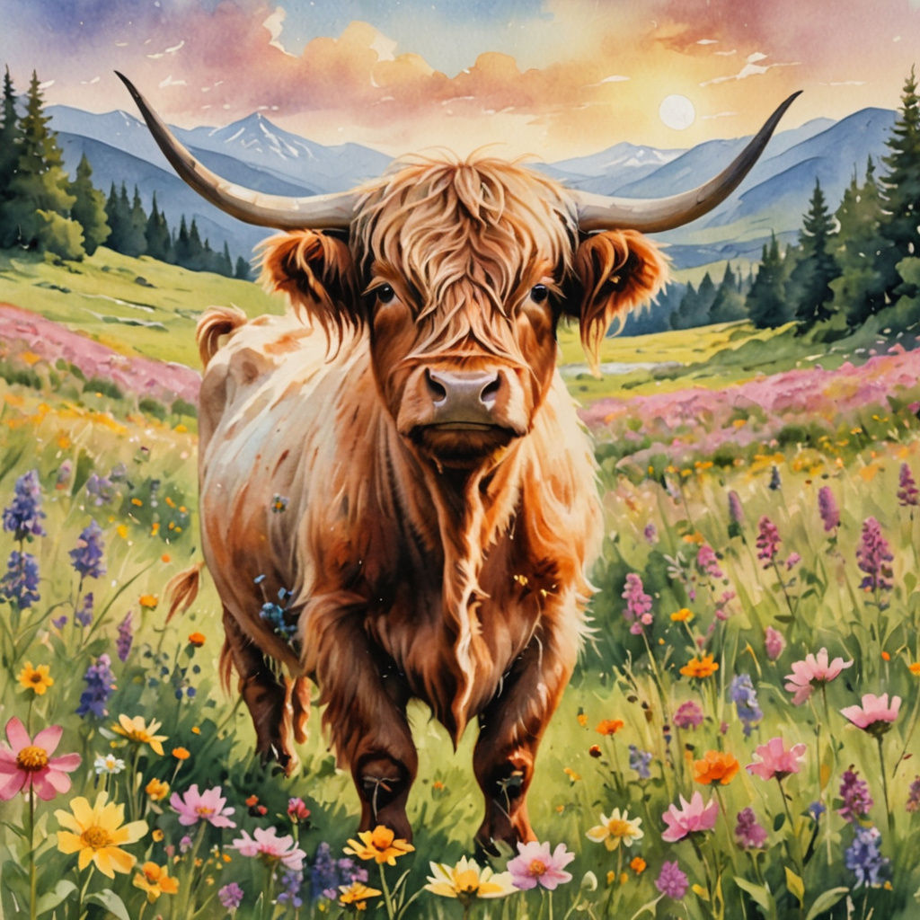 Highland Cow in a Field of Vibrant Wildflowers