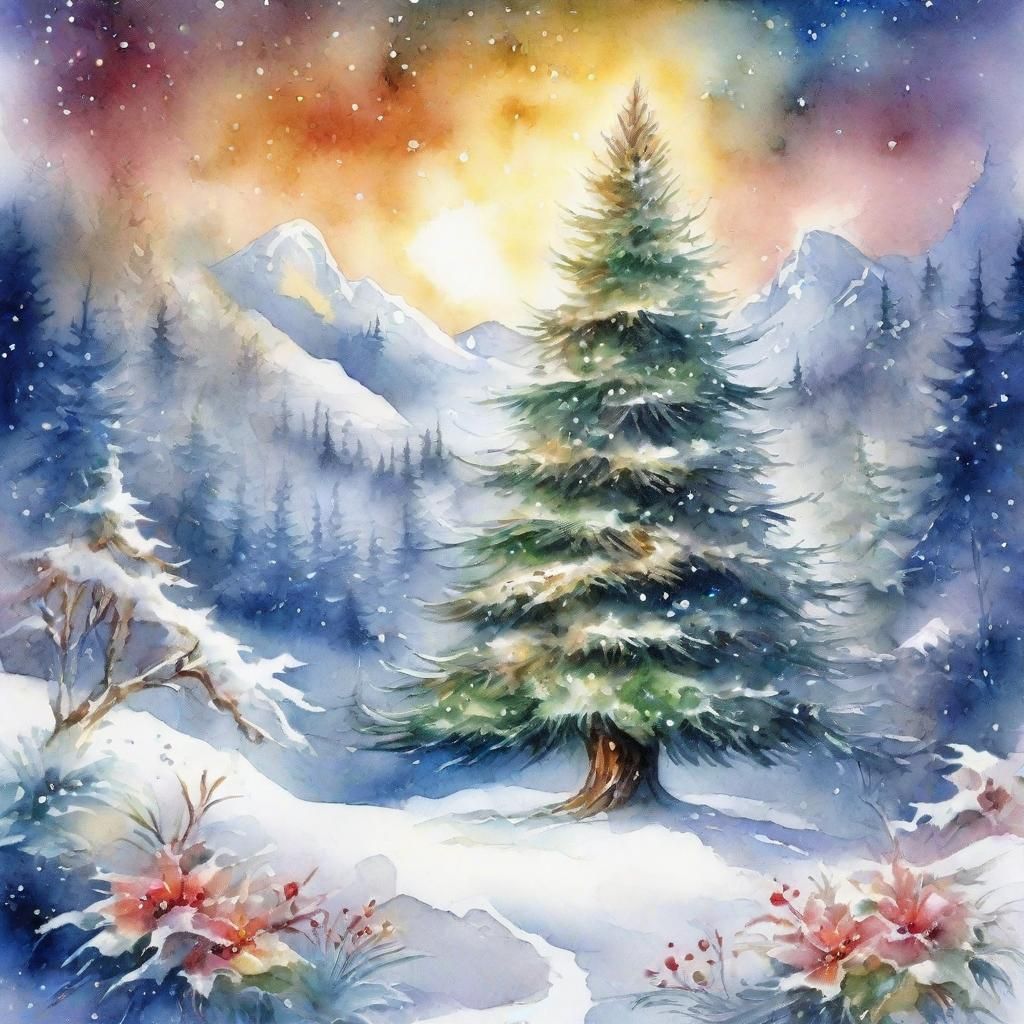 Beautiful Christmas Tree in Ethereal Valley, in Watercolor A...