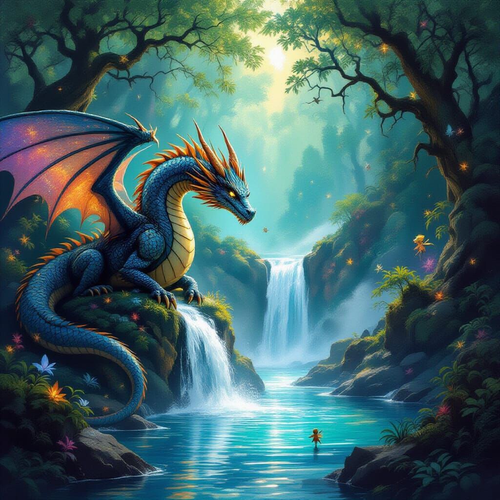 Cosmic Dragon Guards Bioluminescent Waterfall in Magical For...