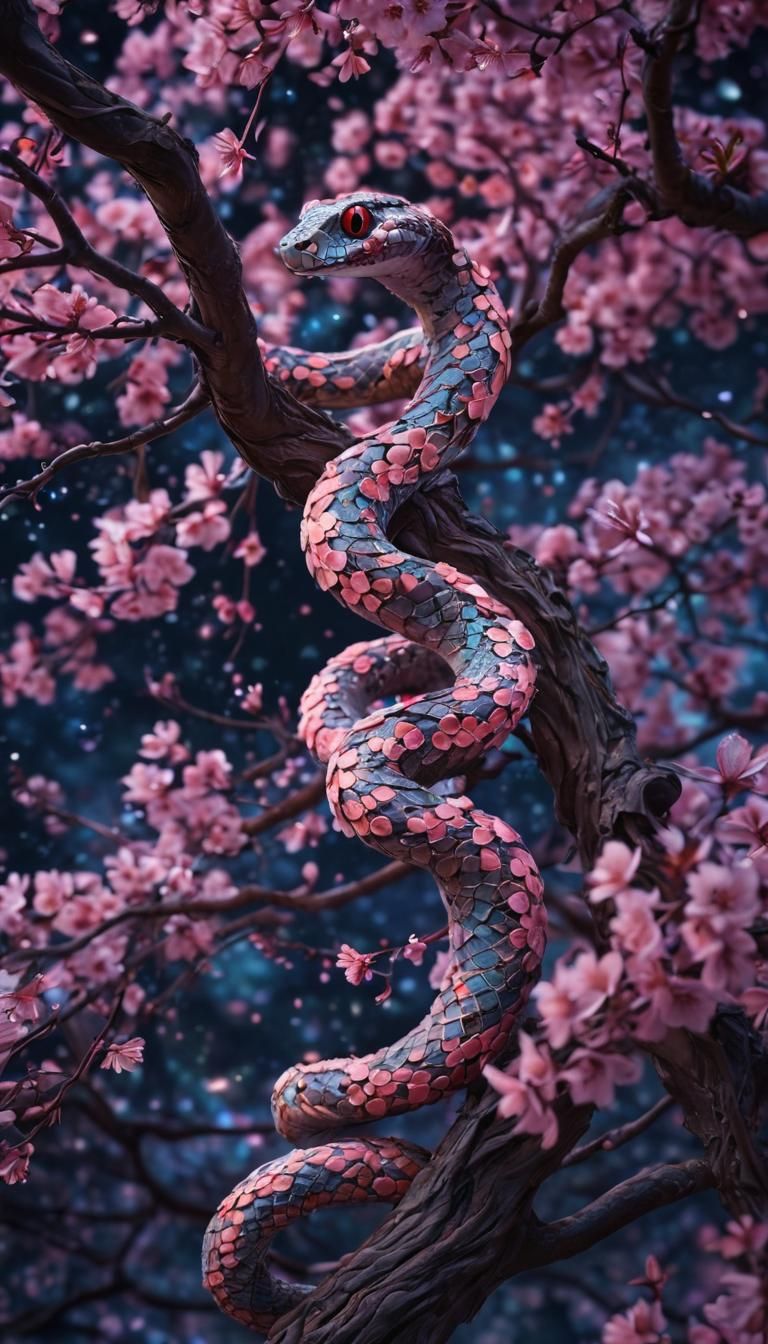 Cosmic Anime Snake with Cherry Blossoms