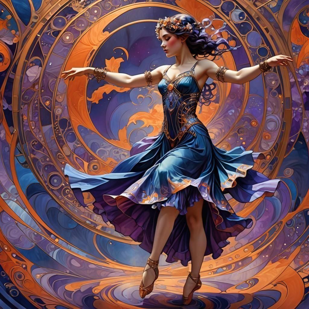 Dancer in Art Nouveau Style with Fractal Curves