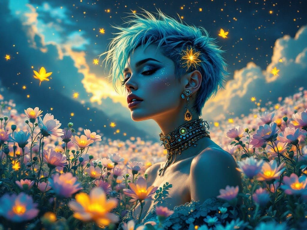 Hyperrealistic Portrait of a Turquoise-Haired Woman in a Dre...