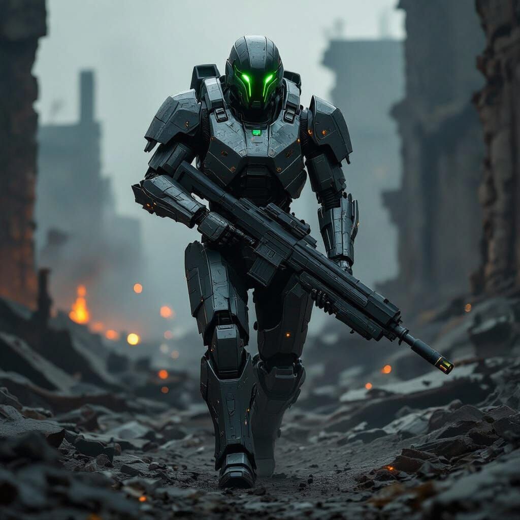 Robotic Soldier Amidst Smoldering Ruins