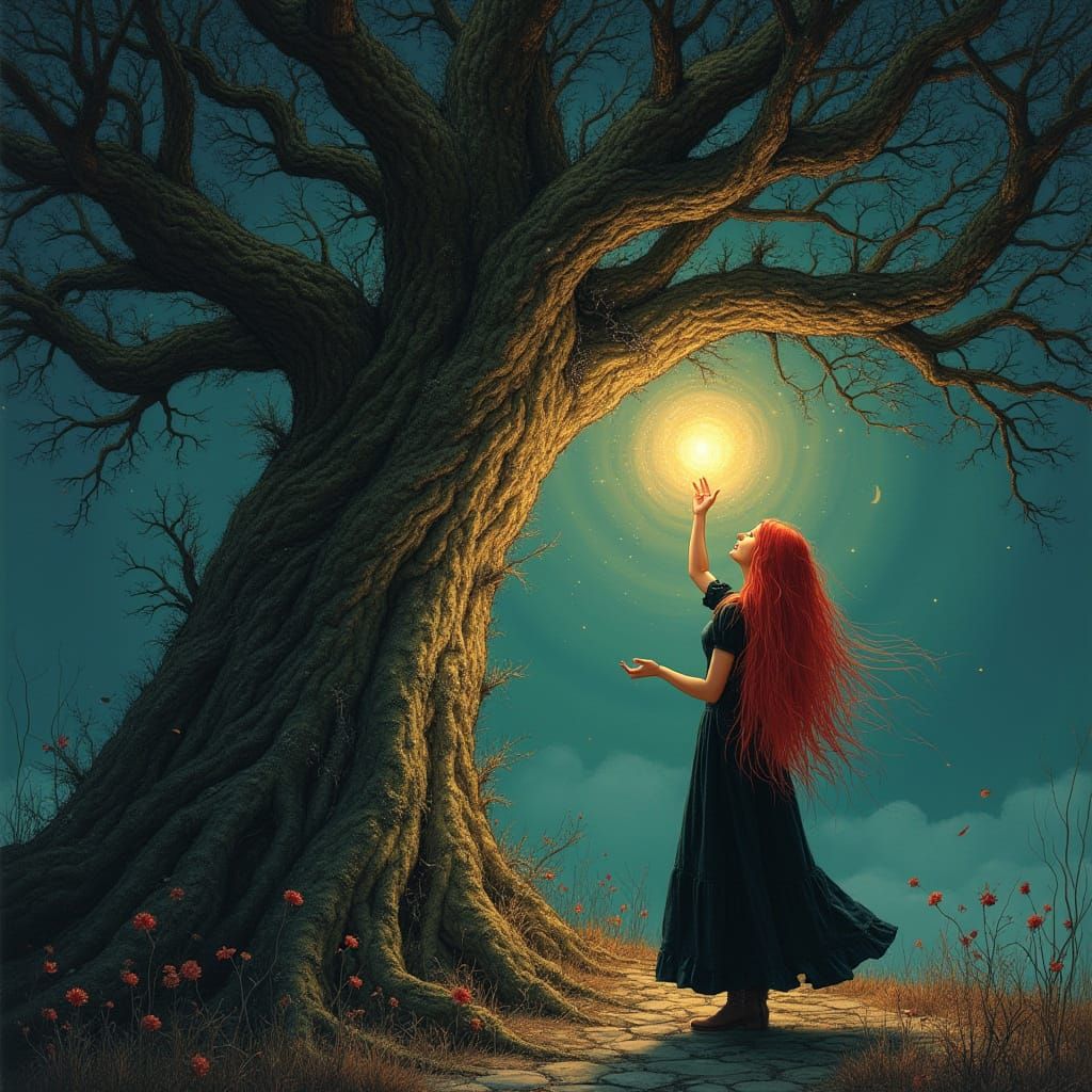 Crimson Haired Woman Reaches For Mystical Orb